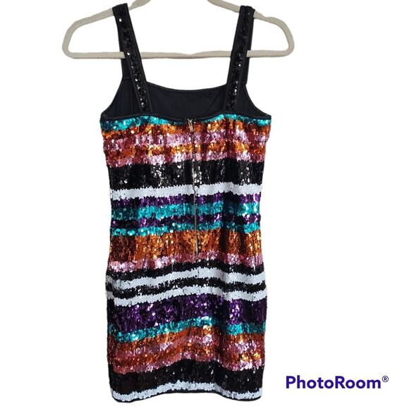 Shop 17 Full Sequin Mini Dress Multi Colored Rainbow Stripes Size Small NWOT - Picture 5 of 7